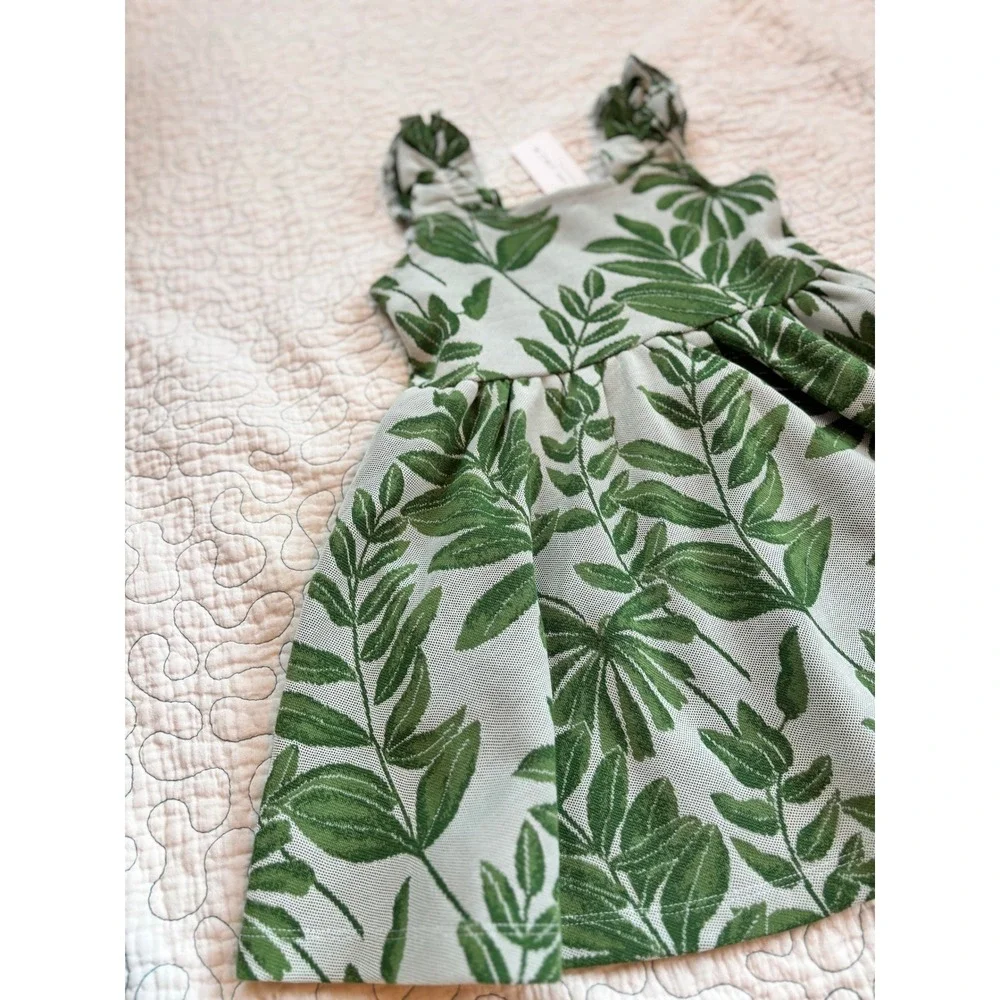 Janie and Jack Girl's Green Tropical Palm‎ Leaf Ruffle Back Cutout Dress 2T